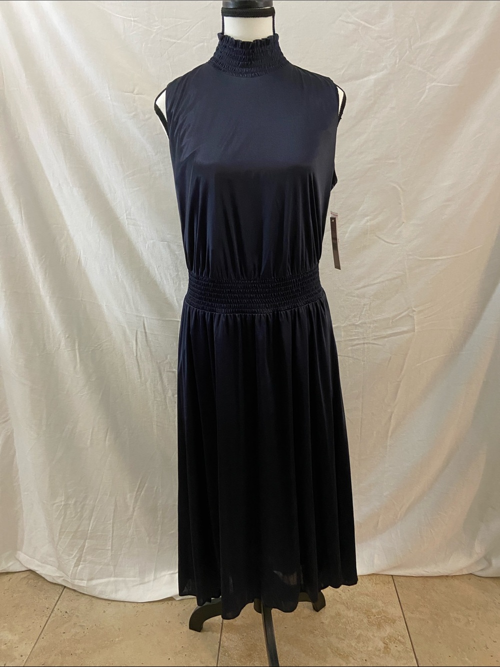 Nanette Lepore Navy Smocked-Waist Sleeveless Midi Dress with High Neck